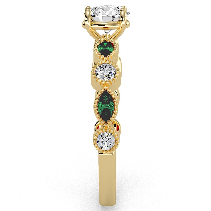 1 1/4 Carat Round and Marquise Vintage Diamond and Emerald Engagement Ring In 14 Karat Yellow Gold