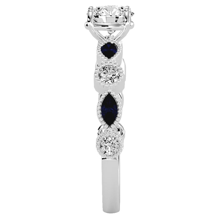 1 1/4 Carat Round and Marquise Vintage Diamond and Sapphire Engagement Ring In 14 Karat White Gold