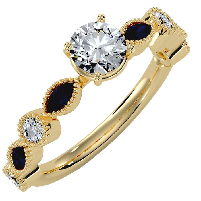 1 1/4 Carat Round and Marquise Vintage Diamond and Sapphire Engagement Ring In 14 Karat Yellow Gold