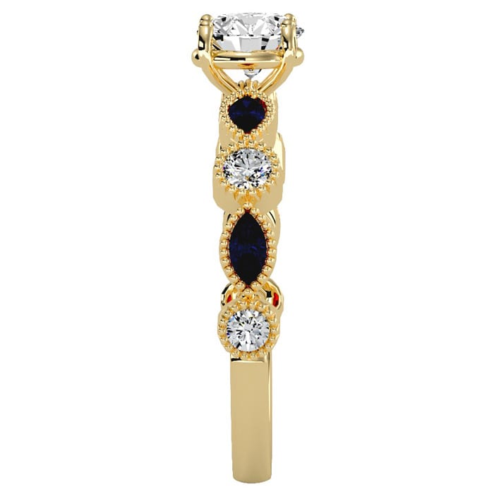 1 1/4 Carat Round and Marquise Vintage Diamond and Sapphire Engagement Ring In 14 Karat Yellow Gold