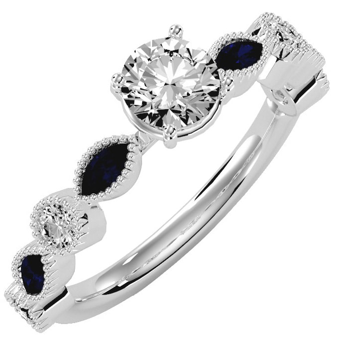 1 1/4 Carat Round and Marquise Vintage Diamond and Sapphire Engagement Ring In 14 Karat White Gold