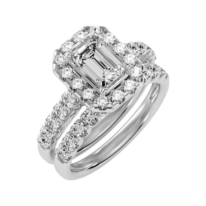 3 Carat Emerald Cut Halo Diamond Bridal Set In 14 Karat White Gold
