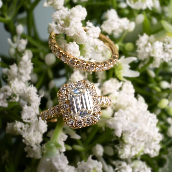 3 Carat Emerald Cut Halo Diamond Bridal Set In 14 Karat Yellow Gold