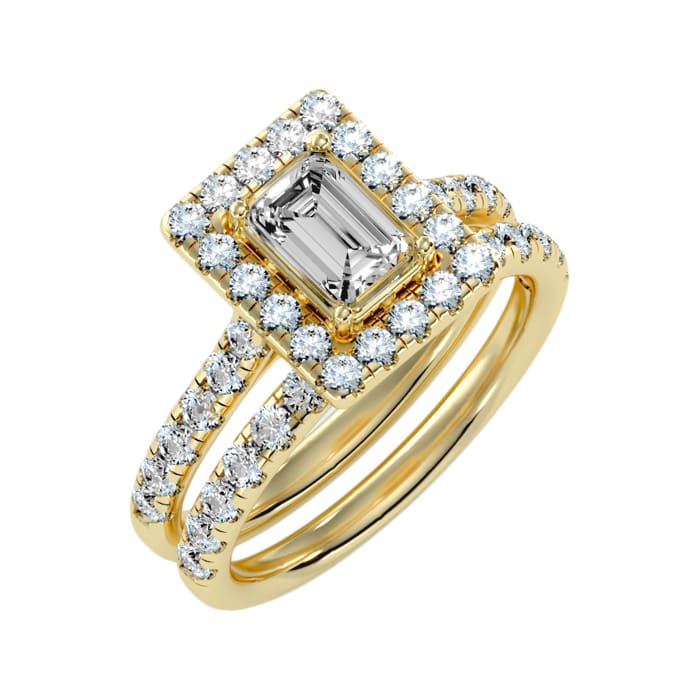 2 1/2 Carat Emerald Cut Halo Diamond Bridal Set In 14 Karat Yellow Gold
