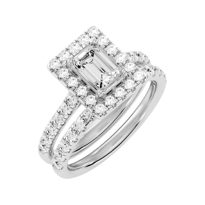 2 1/2 Carat Emerald Cut Halo Diamond Bridal Set In 14 Karat White Gold. Beautiful Brand New Style At Far Below Market Value!