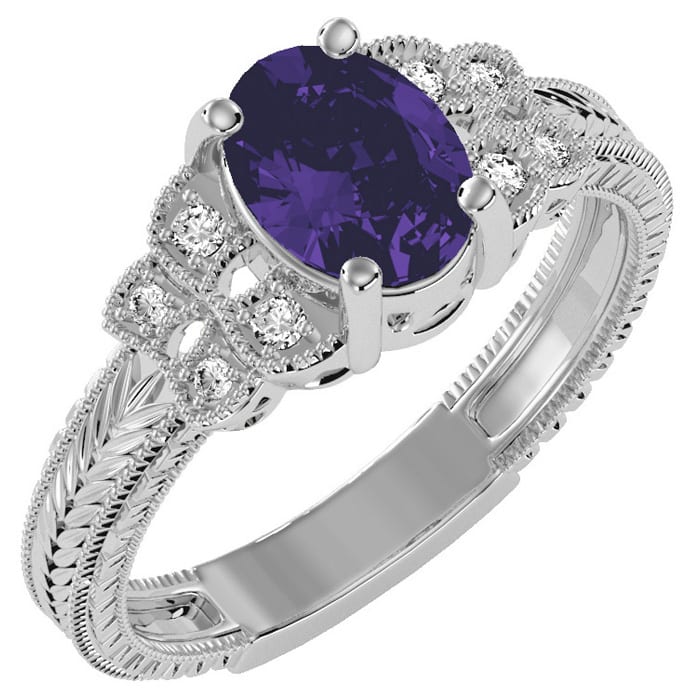 1 Carat Oval Shape Amethyst and Diamond Ring In 10 Karat White Gold