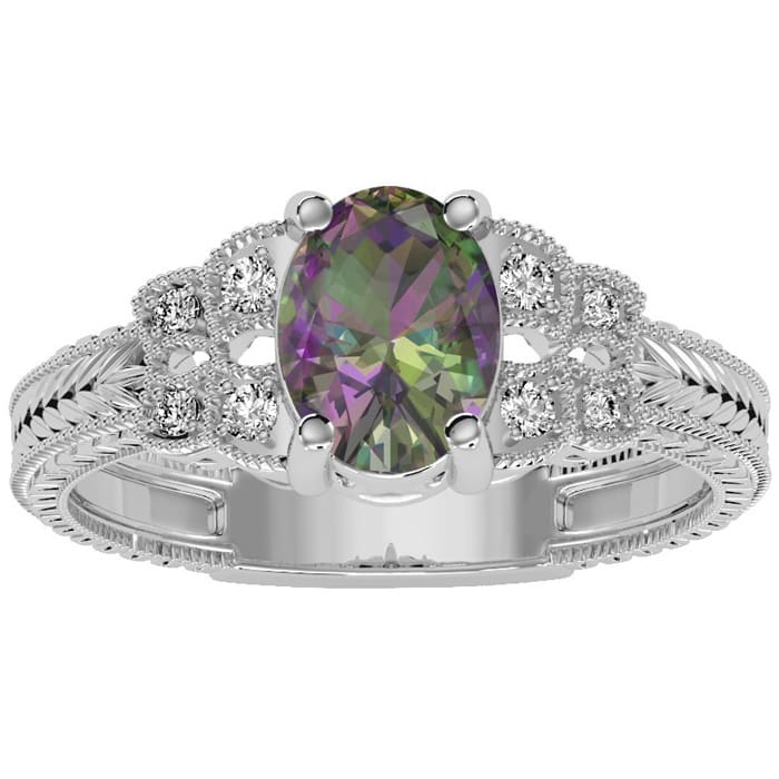 1 Carat Oval Shape Mystic Topaz Ring and Diamonds In 10 Karat White Gold