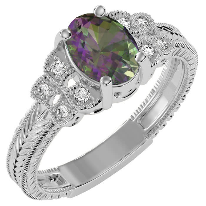 1 Carat Oval Shape Mystic Topaz Ring and Diamonds In 10 Karat White Gold