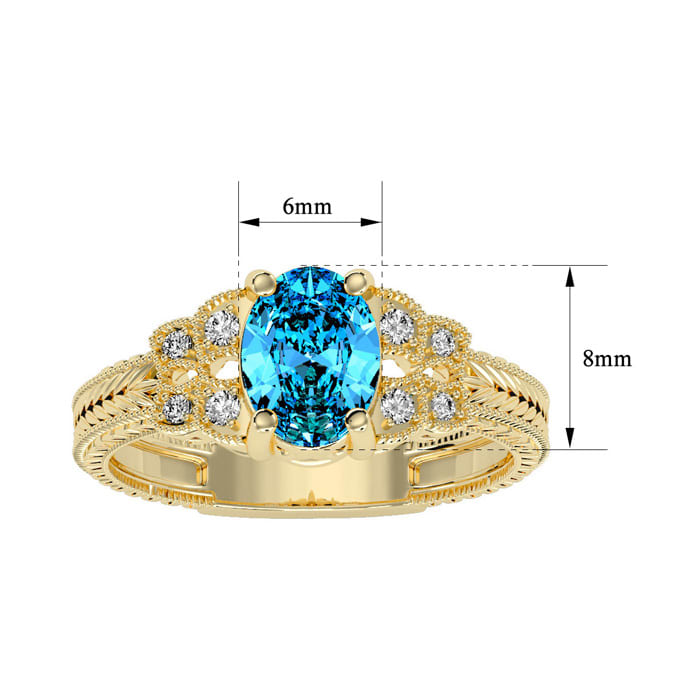 1 Carat Oval Shape Blue Topaz and Diamond Ring In 10 Karat Yellow Gold