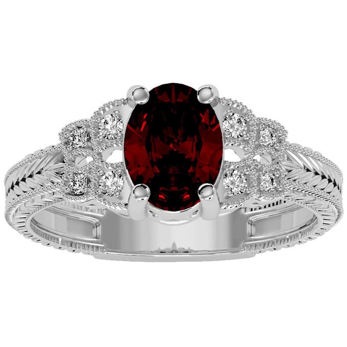 Garnet Ring: Garnet Jewelry: 1 1/2 Carat Oval Shape Garnet and Diamond Ring In 10 Karat White Gold