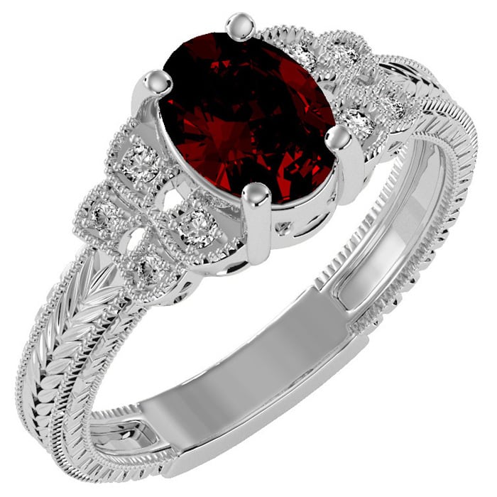Garnet Ring: Garnet Jewelry: 1 1/2 Carat Oval Shape Garnet and Diamond Ring In 10 Karat White Gold