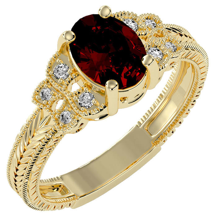Garnet Ring: Garnet Jewelry: 1 1/2 Carat Oval Shape Garnet and Diamond Ring In 10 Karat Yellow Gold