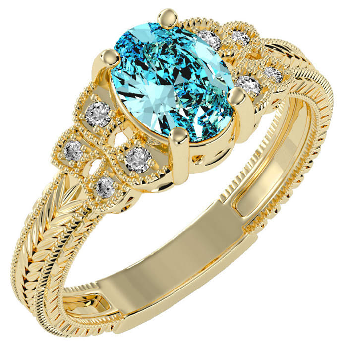 Aquamarine Ring: Aquamarine Jewelry: 1 1/4 Carat Oval Shape Aquamarine and Diamond Ring In 10 Karat Yellow Gold