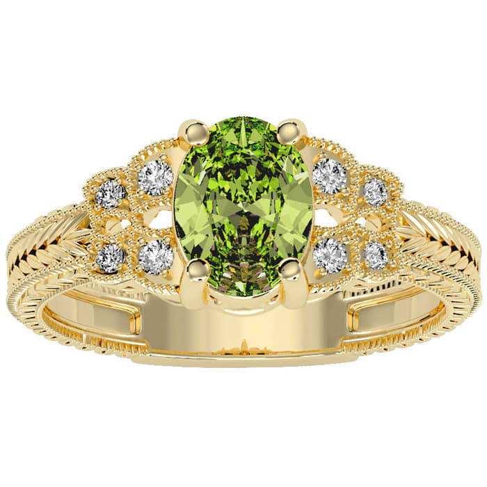 1 1/2 Carat Oval Shape Peridot and Diamond Ring In 10 Karat Yellow Gold