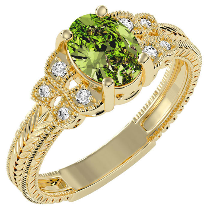 1 1/2 Carat Oval Shape Peridot and Diamond Ring In 10 Karat Yellow Gold