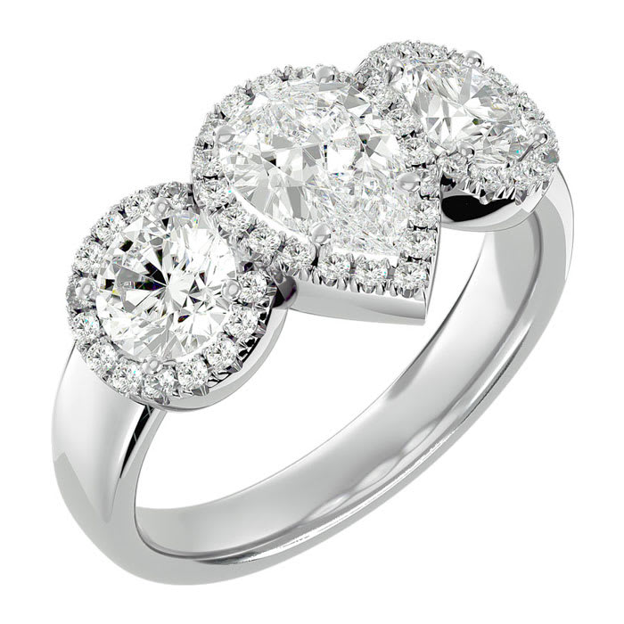 2 1/2 Carat Pear Shape Halo Diamond Three Stone Ring In 14 Karat White Gold