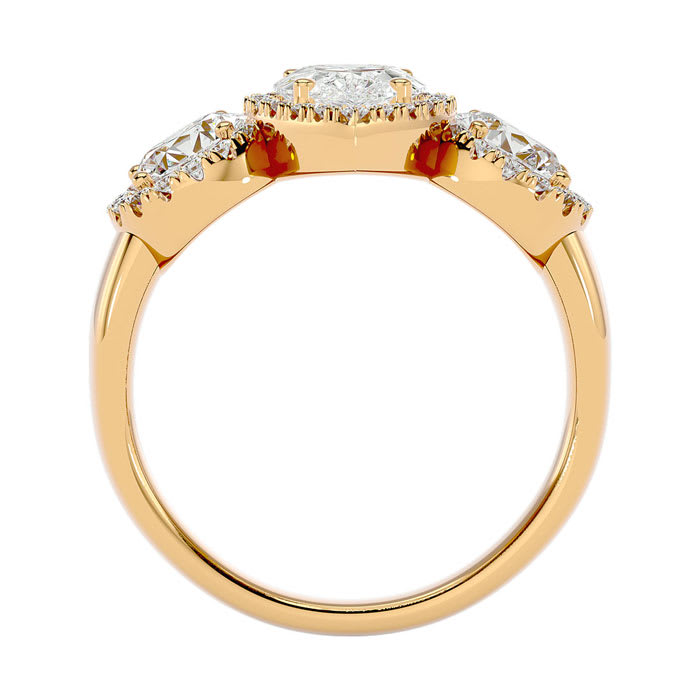2 1/2 Carat Pear Shape Halo Diamond Three Stone Ring In 14 Karat Yellow Gold