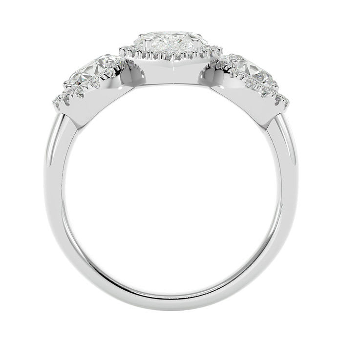 2 1/2 Carat Pear Shape Halo Diamond Three Stone Ring In 14 Karat White Gold