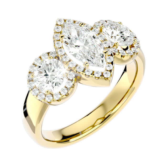 2 1/2 Carat Marquise Shape Halo Diamond Three Stone Ring In 14 Karat Yellow Gold