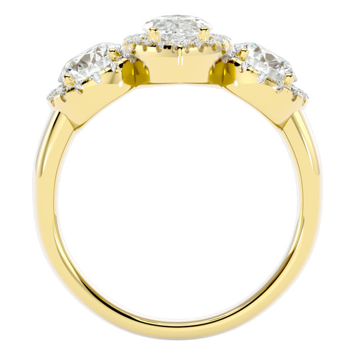 2 1/2 Carat Marquise Shape Halo Diamond Three Stone Ring In 14 Karat Yellow Gold