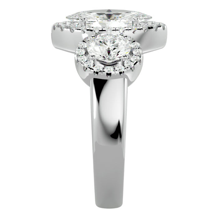 2 1/2 Carat Marquise Shape Halo Diamond Three Stone Ring In 14 Karat White Gold