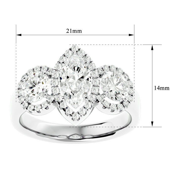 2 1/2 Carat Marquise Shape Halo Diamond Three Stone Ring In 14 Karat White Gold