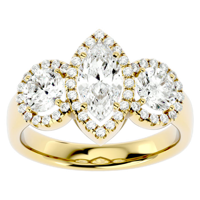 2 1/2 Carat Marquise Shape Halo Diamond Three Stone Ring In 14 Karat Yellow Gold
