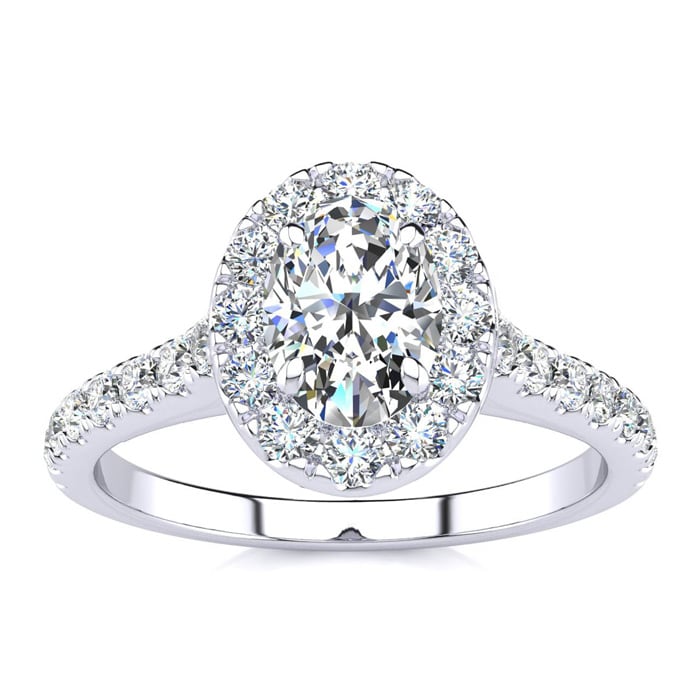 Moissanite Engagement Ring; 1 Carat Oval Shape Halo Moissanite Engagement Ring in 14 Karat White Gold