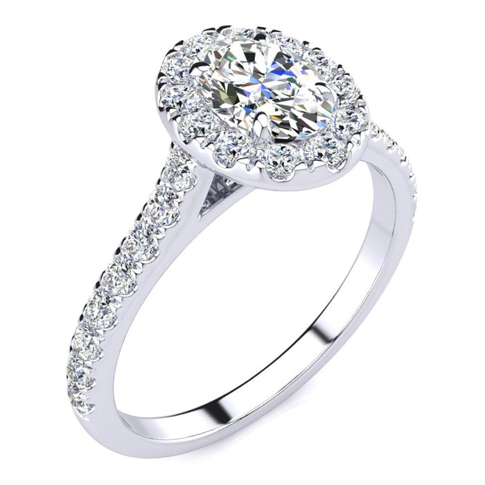 Moissanite Engagement Ring; 1 Carat Oval Shape Halo Moissanite Engagement Ring in 14 Karat White Gold