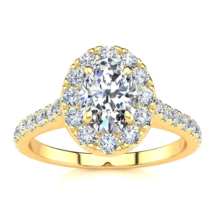 Moissanite Engagement Ring; 1 Carat Oval Shape Halo Moissanite Engagement Ring in 14 Karat Yellow Gold
