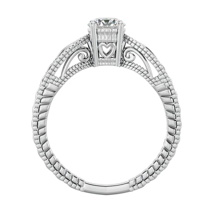 Moissanite Engagement Ring; 1/2 Carat Moissanite Solitaire Engagement Ring with Tapered Etched Band In 14 Karat White Gold