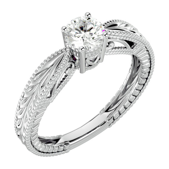 Round Engagement Rings, 1/2 Carat Diamond Solitaire Engagement Ring with Tapered Etched Band Crafted In 14 Karat White Gold