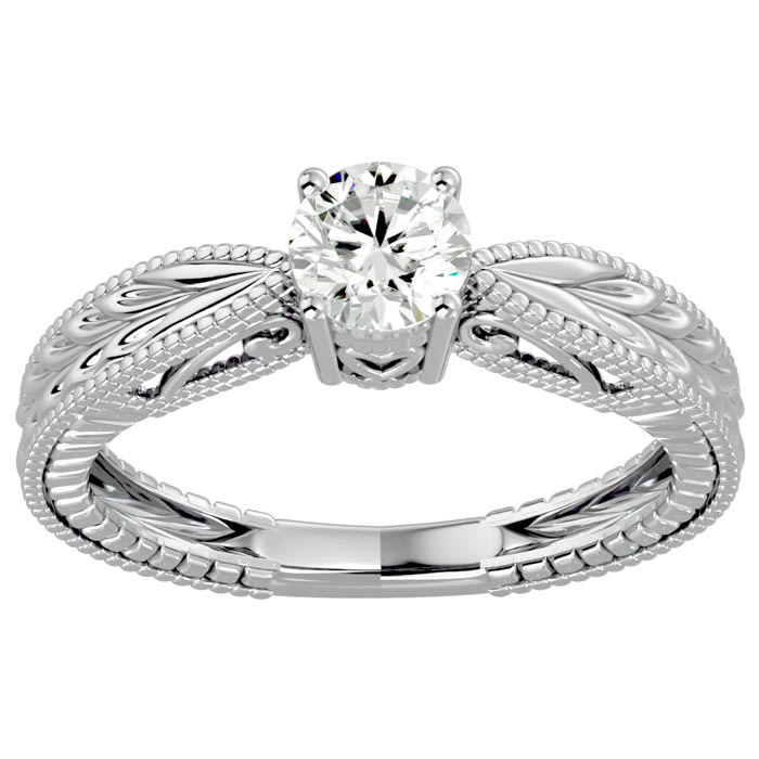 Round Engagement Rings, 1/2 Carat Diamond Solitaire Engagement Ring with Tapered Etched Band Crafted In 14 Karat White Gold