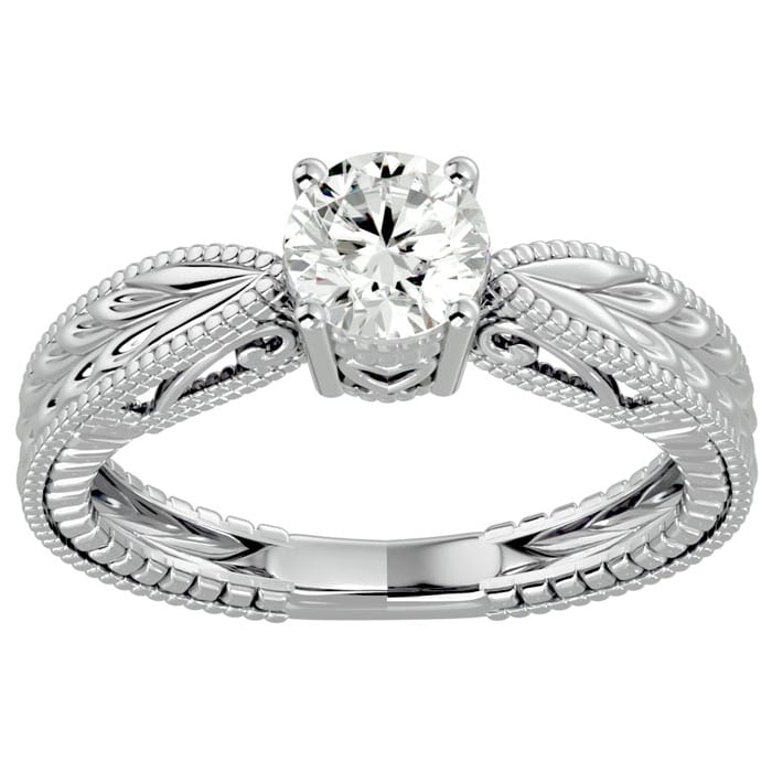 Round Engagement Rings, 3/4 Carat Diamond Solitaire Engagement Ring with Tapered Etched Band Crafted In 14 Karat White Gold