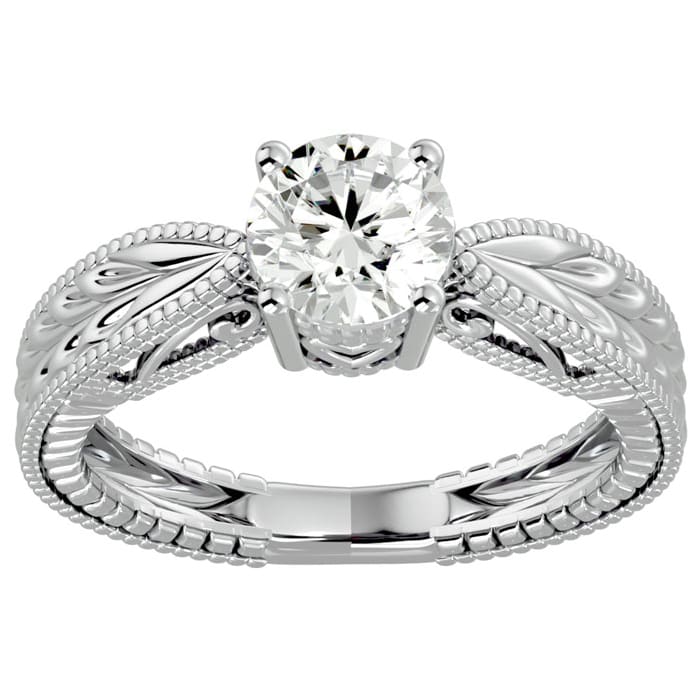 Moissanite Engagement Ring; 1 Carat Moissanite Solitaire Engagement Ring with Tapered Etched Band In 14 Karat White Gold