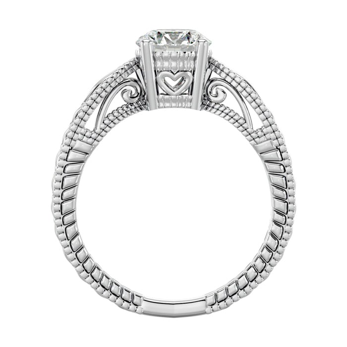 Moissanite Engagement Ring; 1 Carat Moissanite Solitaire Engagement Ring with Tapered Etched Band In 14 Karat White Gold