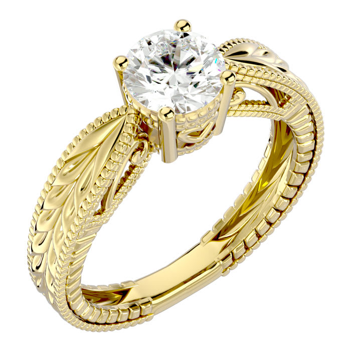 Moissanite Engagement Ring; 1 Carat Moissanite Solitaire Engagement Ring with Tapered Etched Band In 14 Karat Yellow Gold