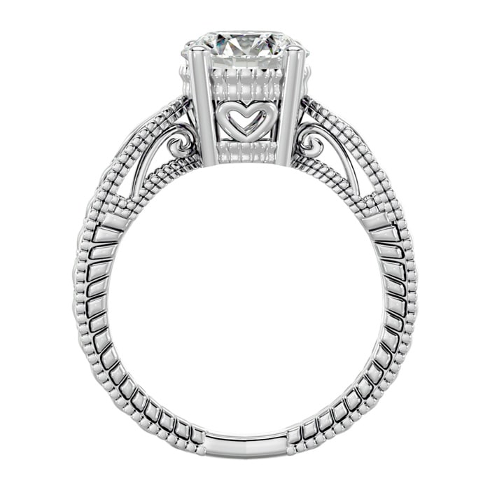Moissanite Engagement Ring; 2 Carat Moissanite Solitaire Engagement Ring with Tapered Etched Band In 14 Karat White Gold