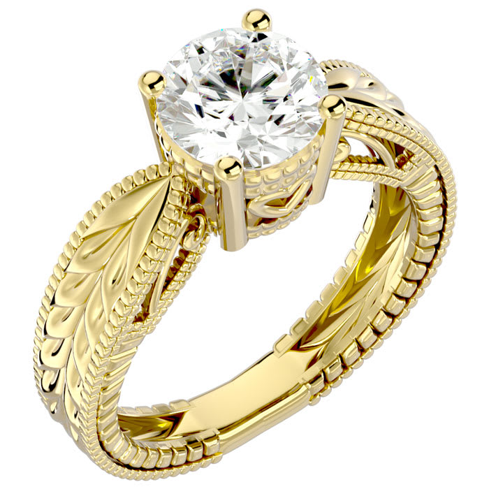 Moissanite Engagement Ring; 2 Carat Moissanite Solitaire Engagement Ring with Tapered Etched Band In 14 Karat Yellow Gold