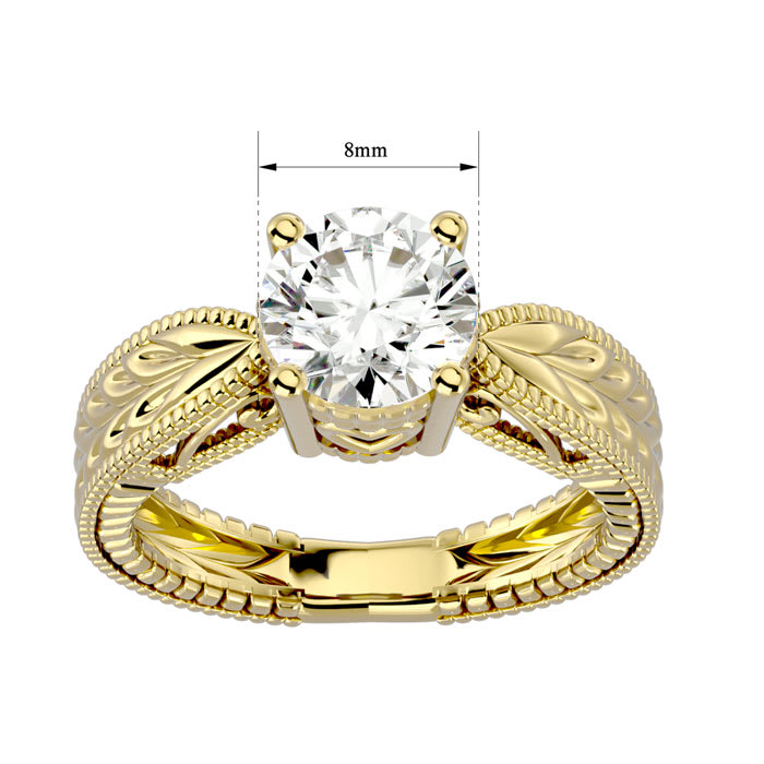 Moissanite Engagement Ring; 2 Carat Moissanite Solitaire Engagement Ring with Tapered Etched Band In 14 Karat Yellow Gold
