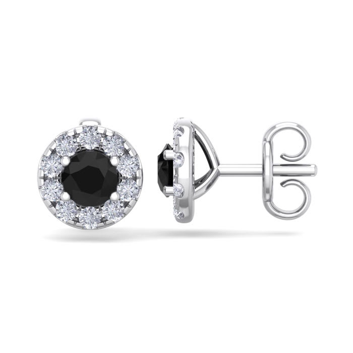 1 1/2 Carat Black Diamond Halo Stud Earrings In 14 Karat White Gold