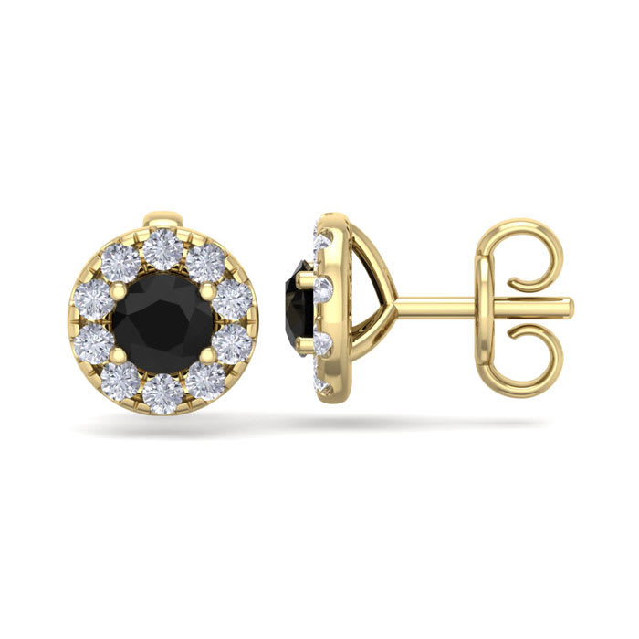1 1/2 Carat Black Diamond Halo Stud Earrings In 14 Karat Yellow Gold