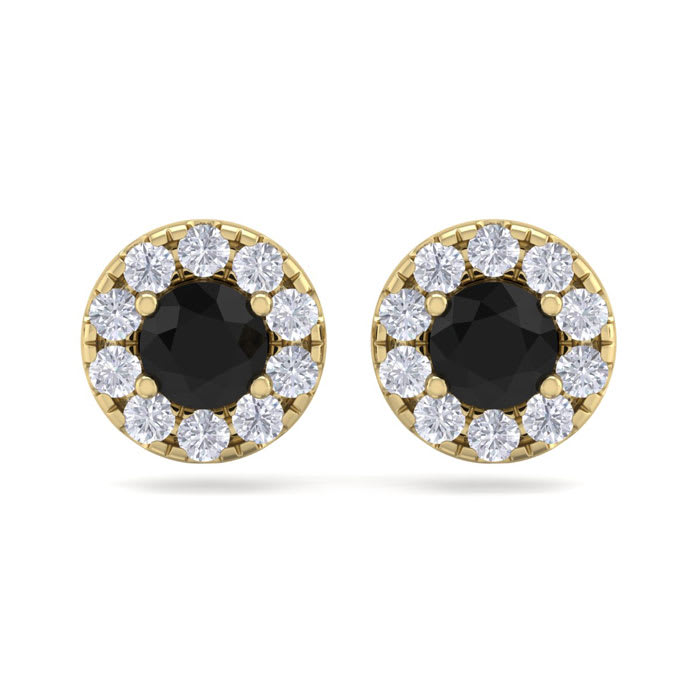 1 1/2 Carat Black Diamond Halo Stud Earrings In 14 Karat Yellow Gold