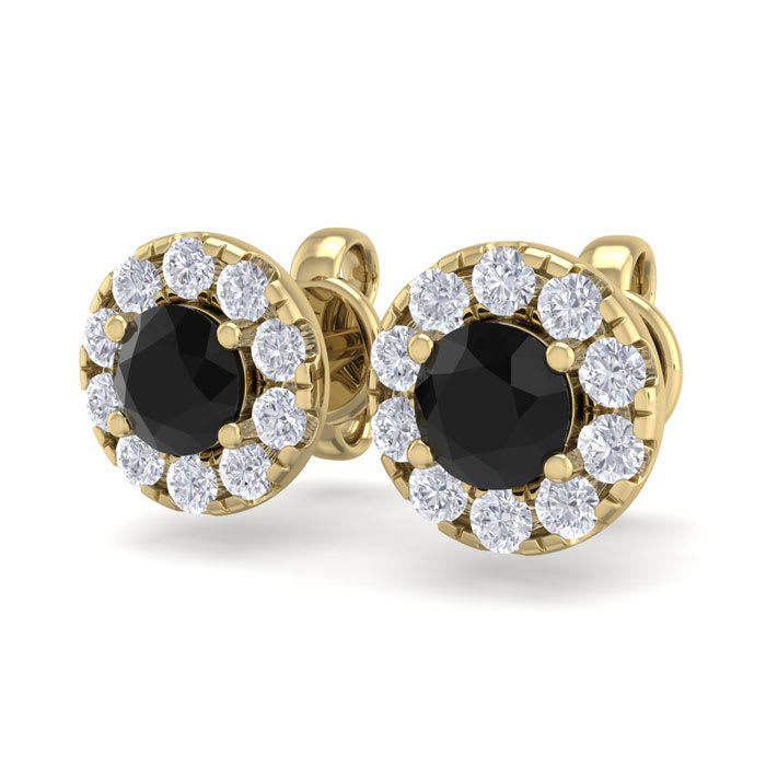 1 1/2 Carat Black Diamond Halo Stud Earrings In 14 Karat Yellow Gold