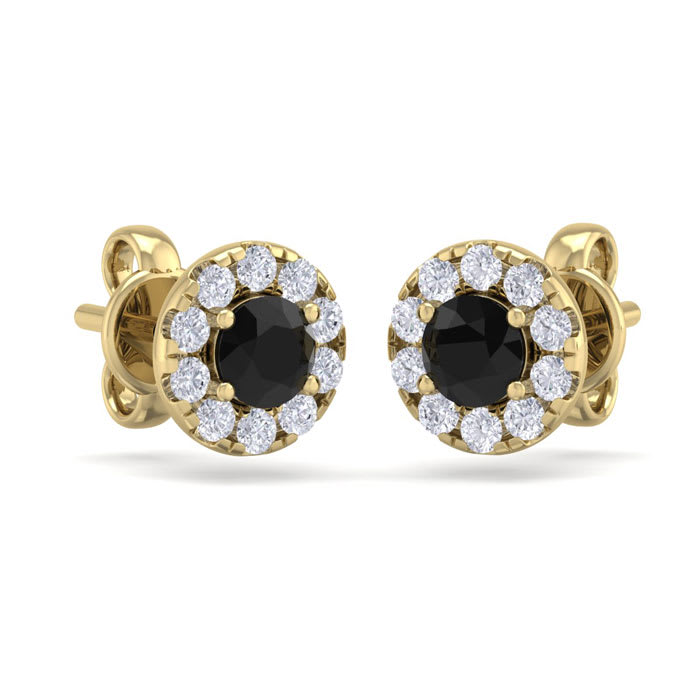 1 1/2 Carat Black Diamond Halo Stud Earrings In 14 Karat Yellow Gold