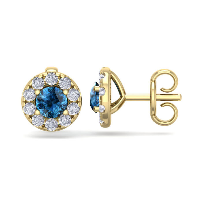 1 1/2 Carat Blue Diamond Halo Stud Earrings In 14 Karat Yellow Gold