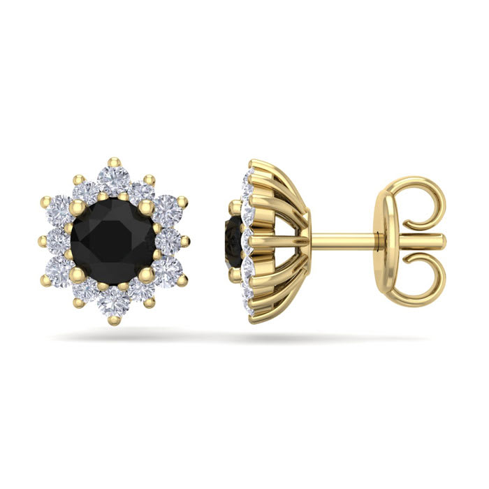 1 Carat Round Shape Flower Black Diamond Halo Stud Earrings In 14 Karat Yellow Gold