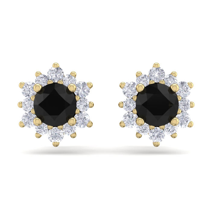 1 Carat Round Shape Flower Black Diamond Halo Stud Earrings In 14 Karat Yellow Gold