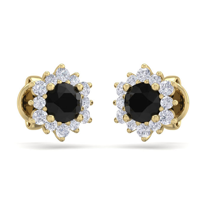 1 Carat Round Shape Flower Black Diamond Halo Stud Earrings In 14 Karat Yellow Gold