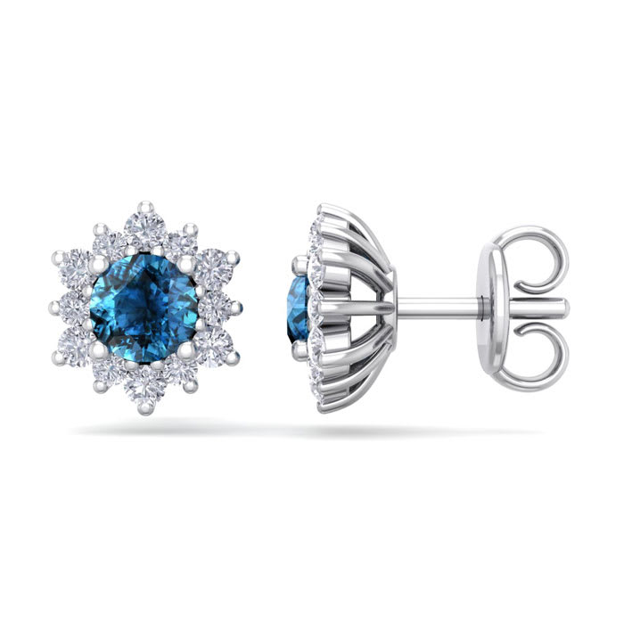 1 Carat Round Shape Flower Blue Diamond Halo Stud Earrings In 14 Karat White Gold